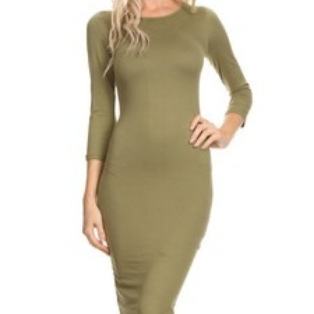 NWT YELETE Office Casual Dinner Large 3/4 Sleeve O'Neck Olive Scuba Fit Dress